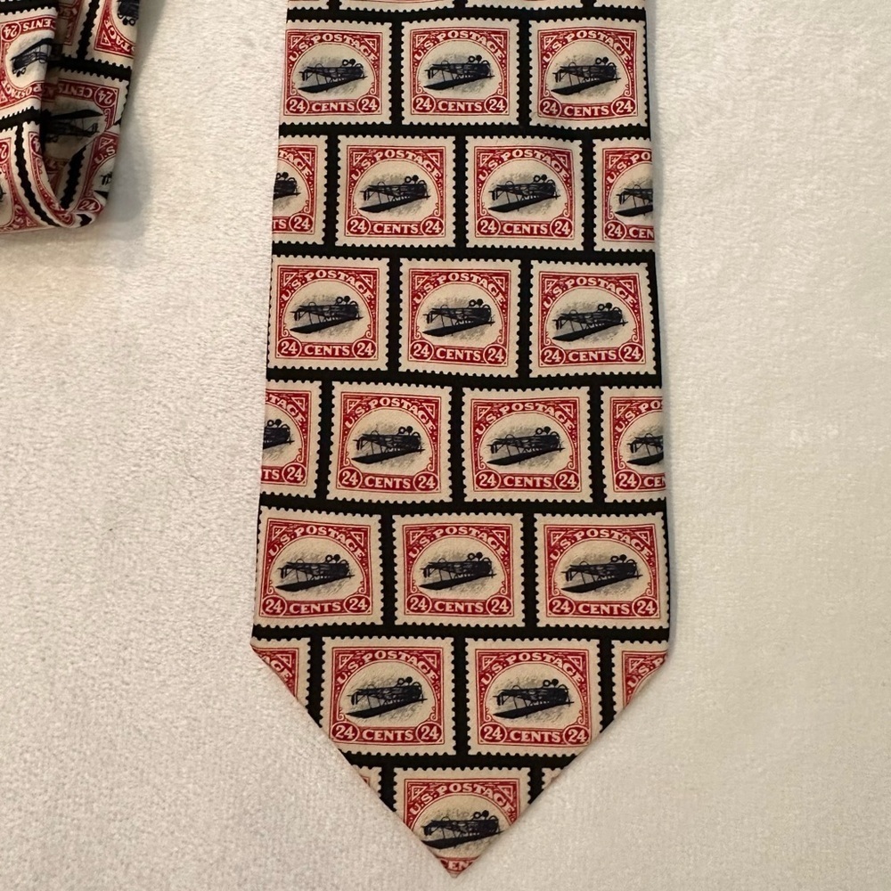 Vintage Museum Artifacts Neck Tie 100% Silk 24 Cent Postage Stamps black red